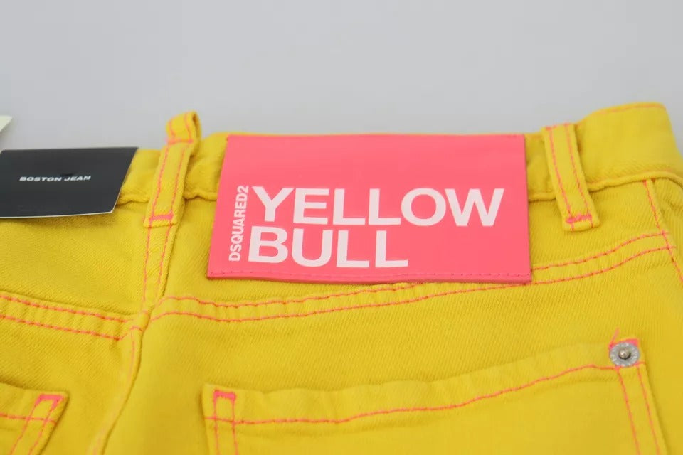 Yellow jeans with red tag