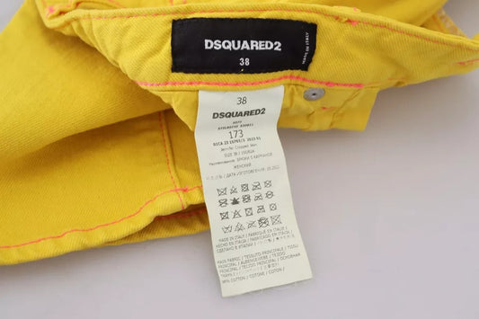 Yellow jeans with black label on waistband