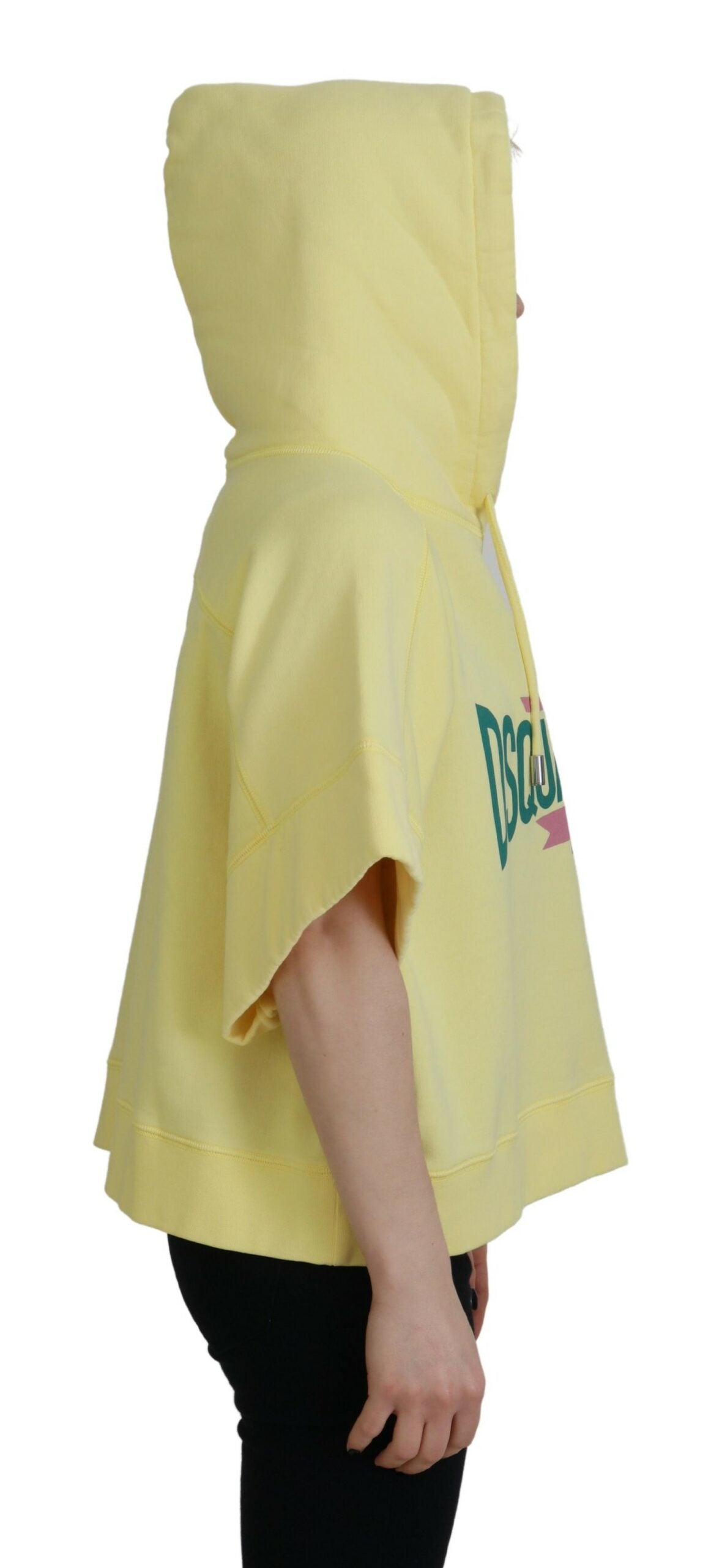 Yellow hooded sweatshirt with hood up