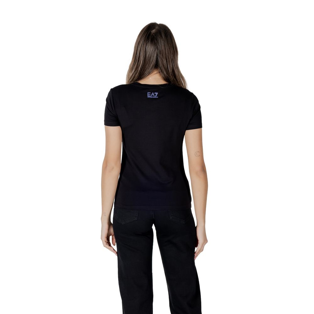 A black cotton t-shirt with a logo on the back
