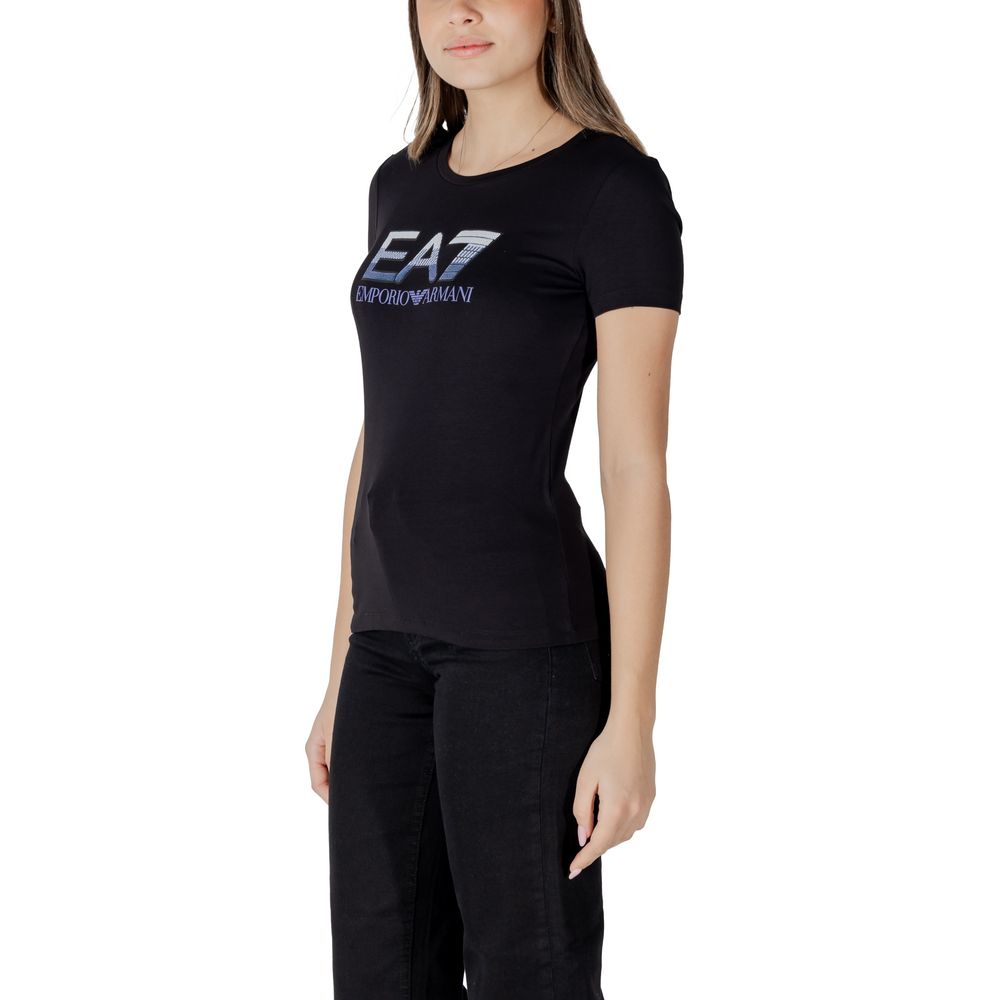 A black cotton t-shirt with a logo on it