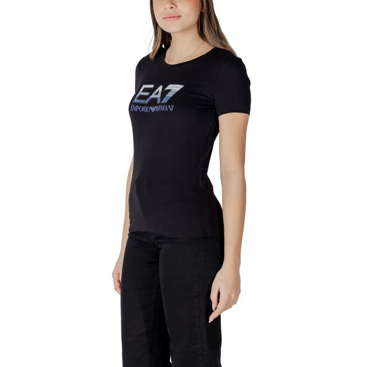 A black cotton t-shirt with a logo on it