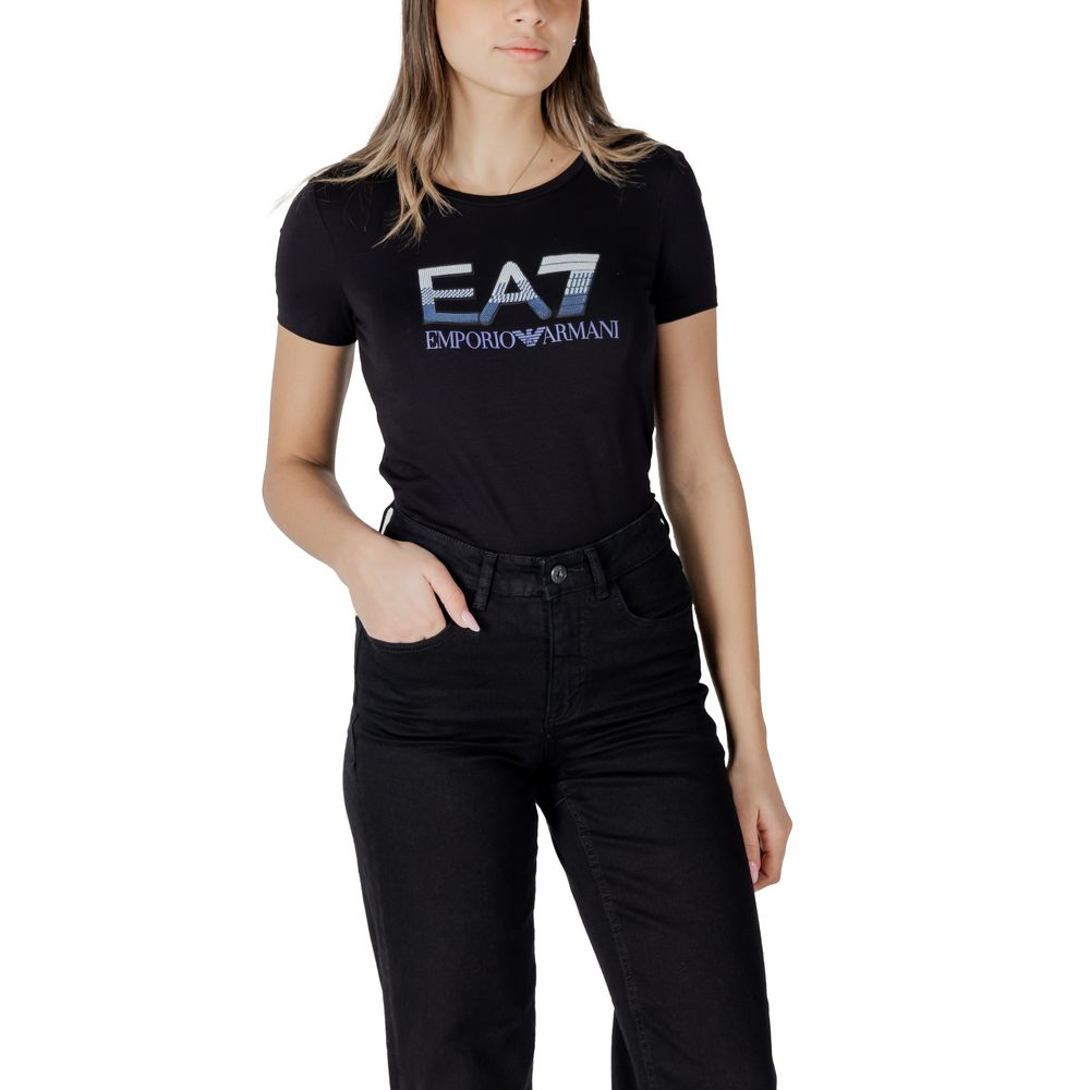 A black cotton t-shirt with a graphic design on the front, featuring the text "EA7 Emporio Armani" and an image of a car