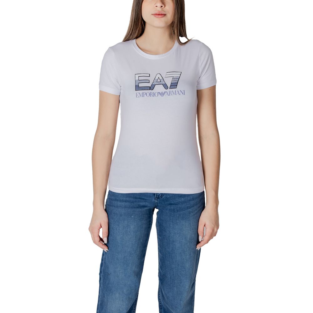 White t-shirt with blue lettering