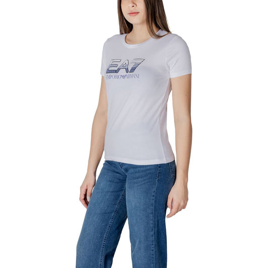 White t-shirt with blue lettering