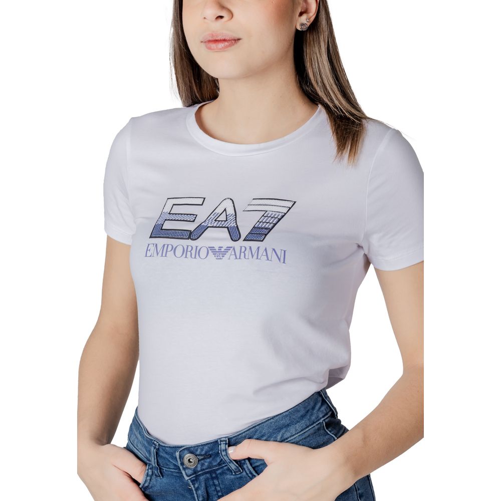 White t-shirt with blue logo