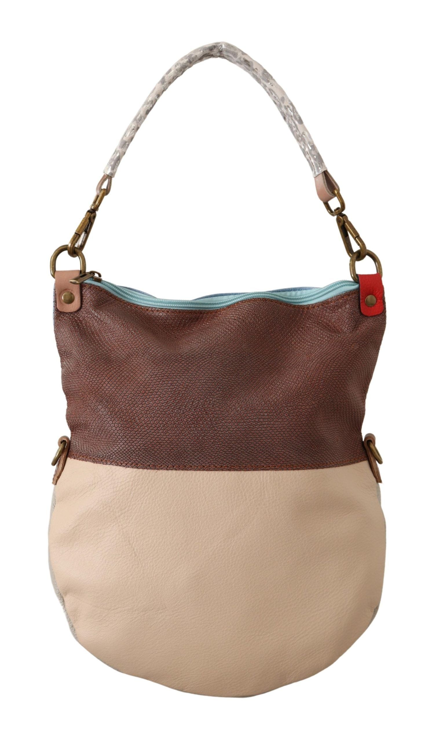 Brown leather handbag with tan trim