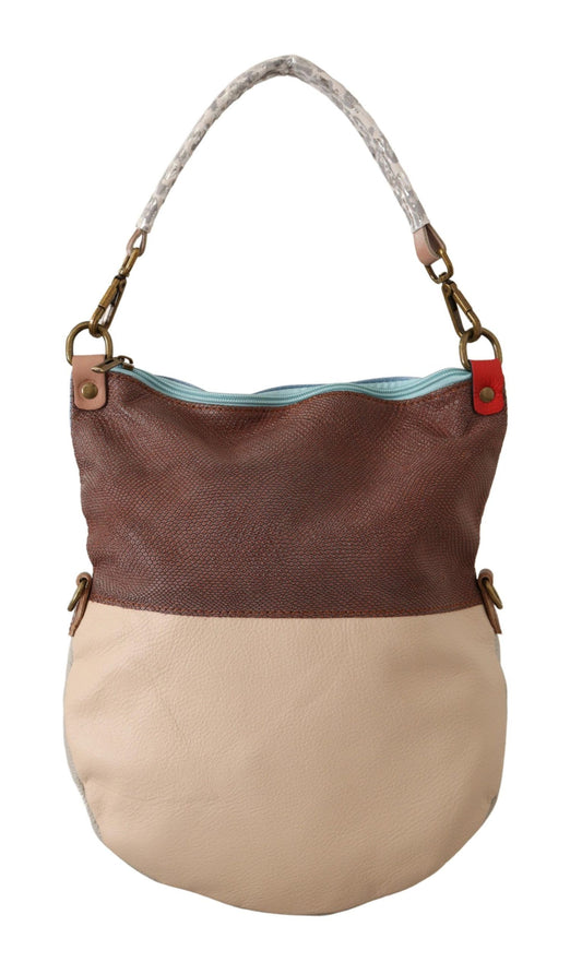 Brown leather handbag with tan trim