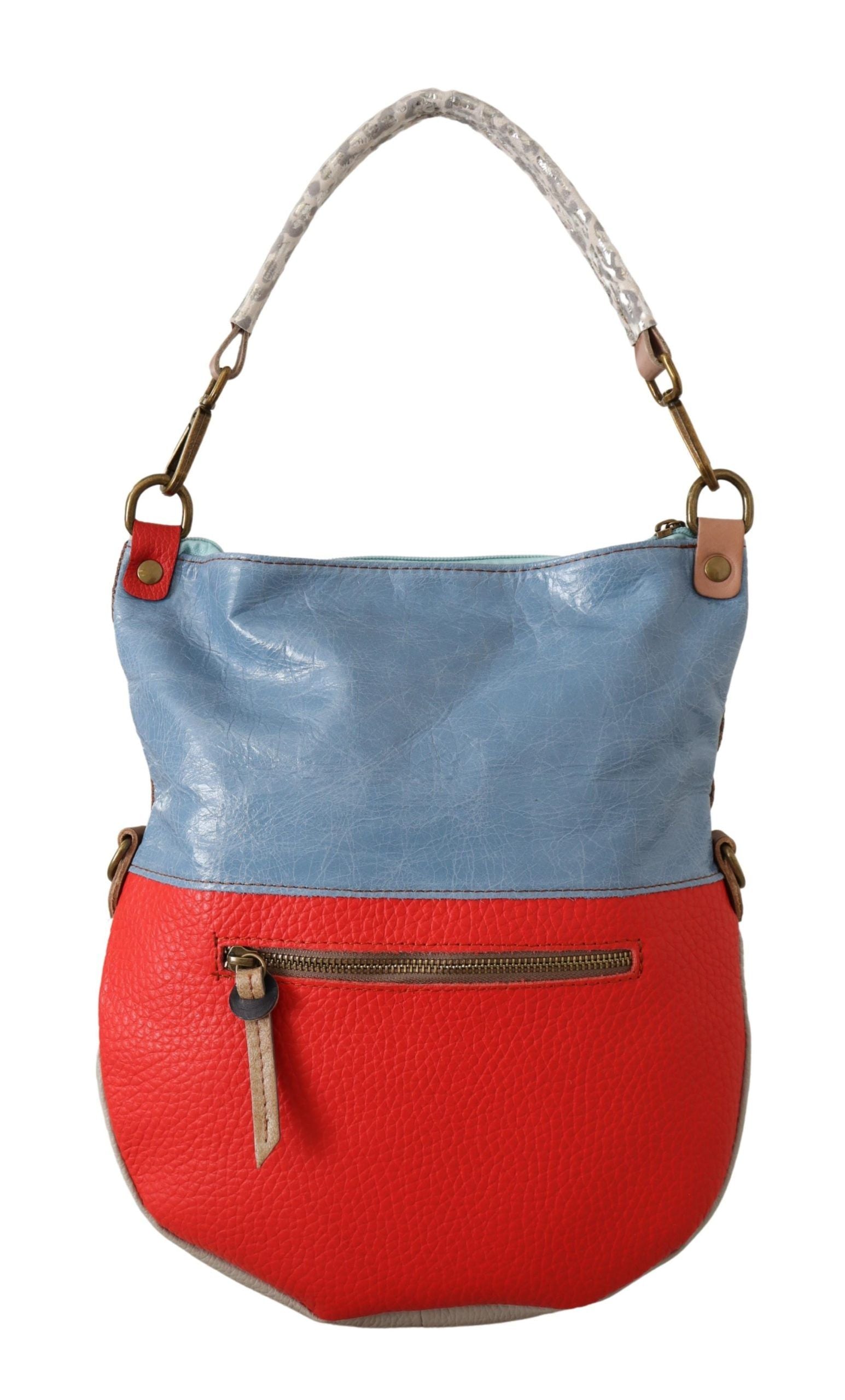 Blue and red handbag with brown straps