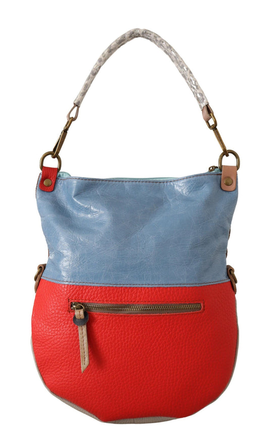 Blue and red handbag with brown straps