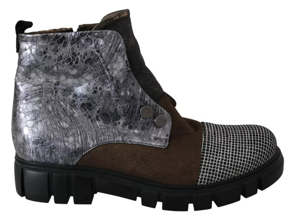 Brown boot with silver and black design on side