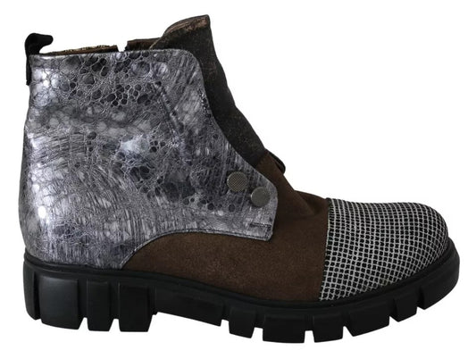 Brown boot with silver and black design on side