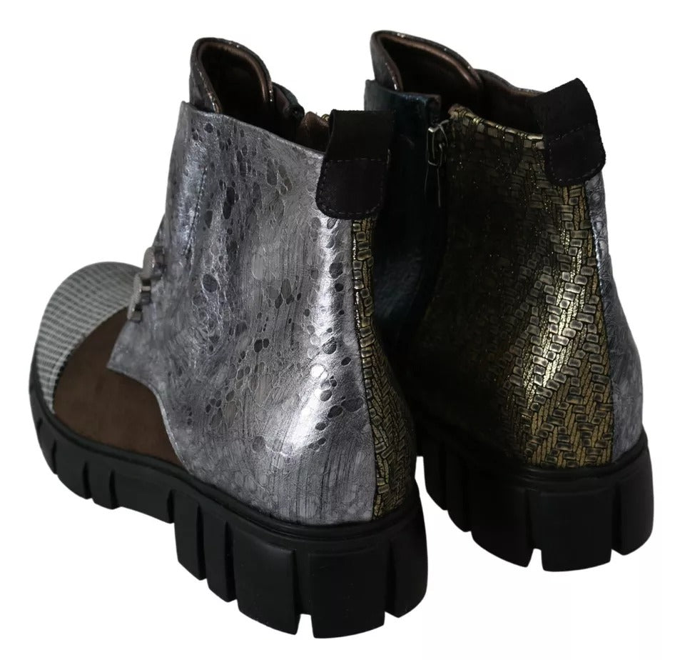 Pair of boots with a glittery pattern on top