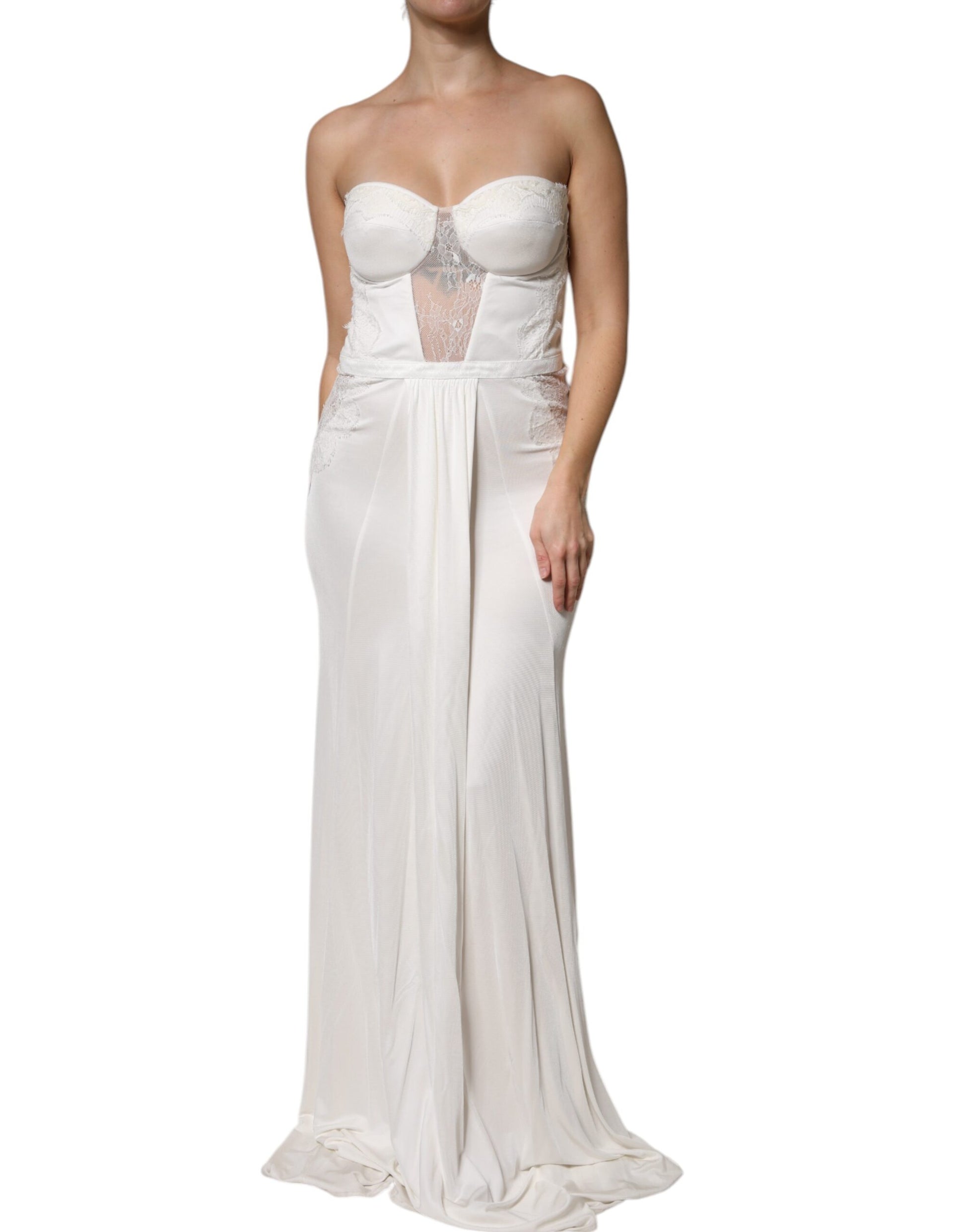A white strapless bustier mermaid gown dress with a sheer overlay