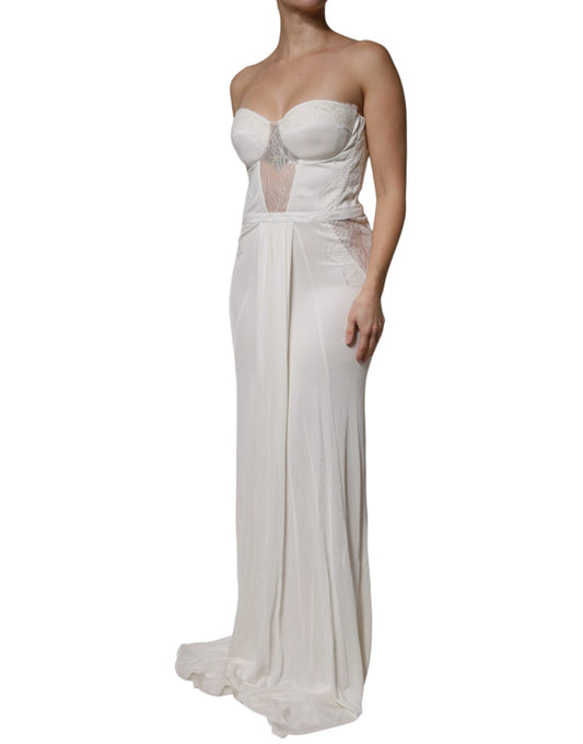 A white strapless bustier mermaid gown dress with lace detailing