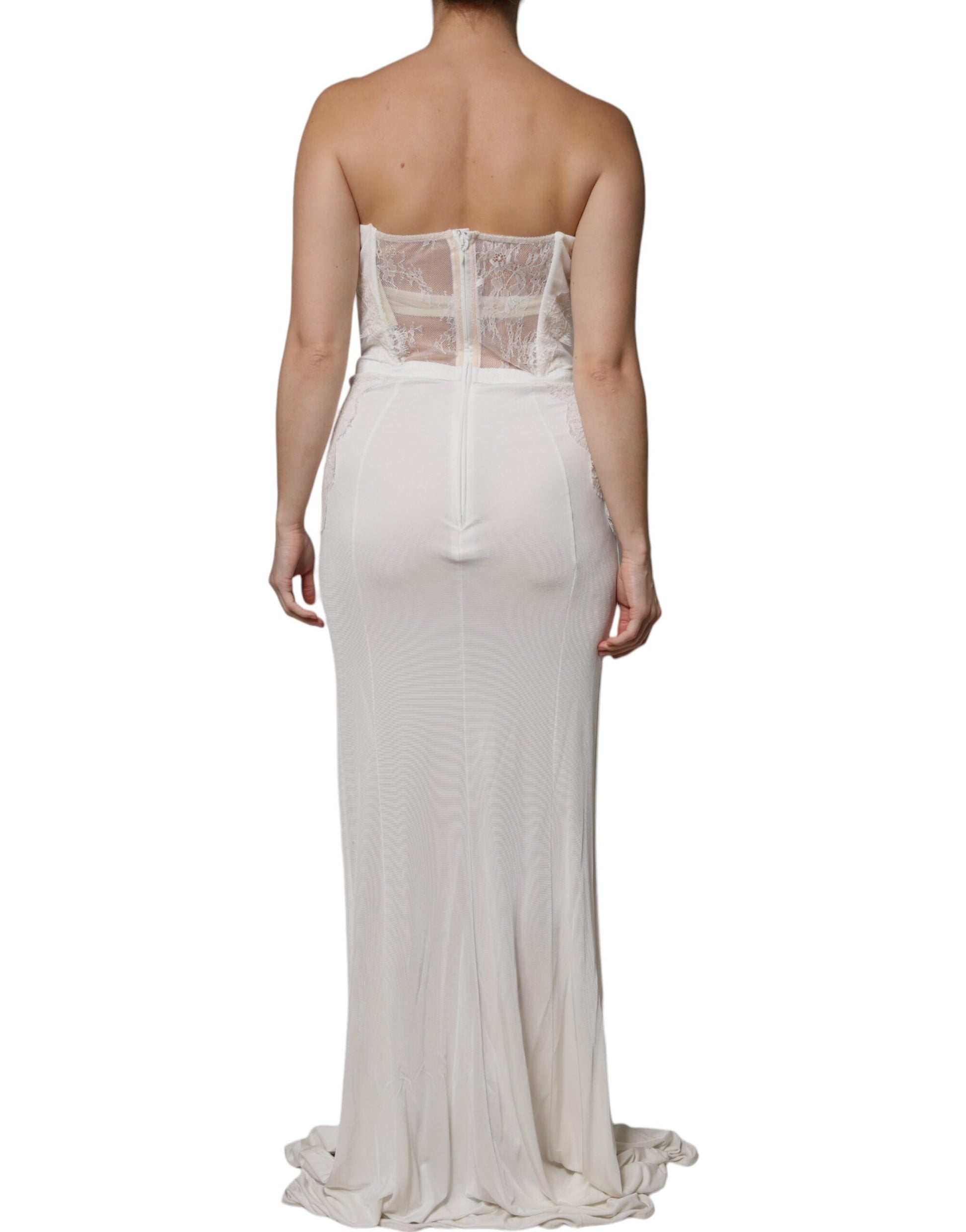 A white strapless bustier mermaid gown dress with lace detailing