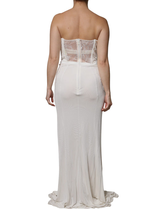 A white strapless bustier mermaid gown dress with lace detailing