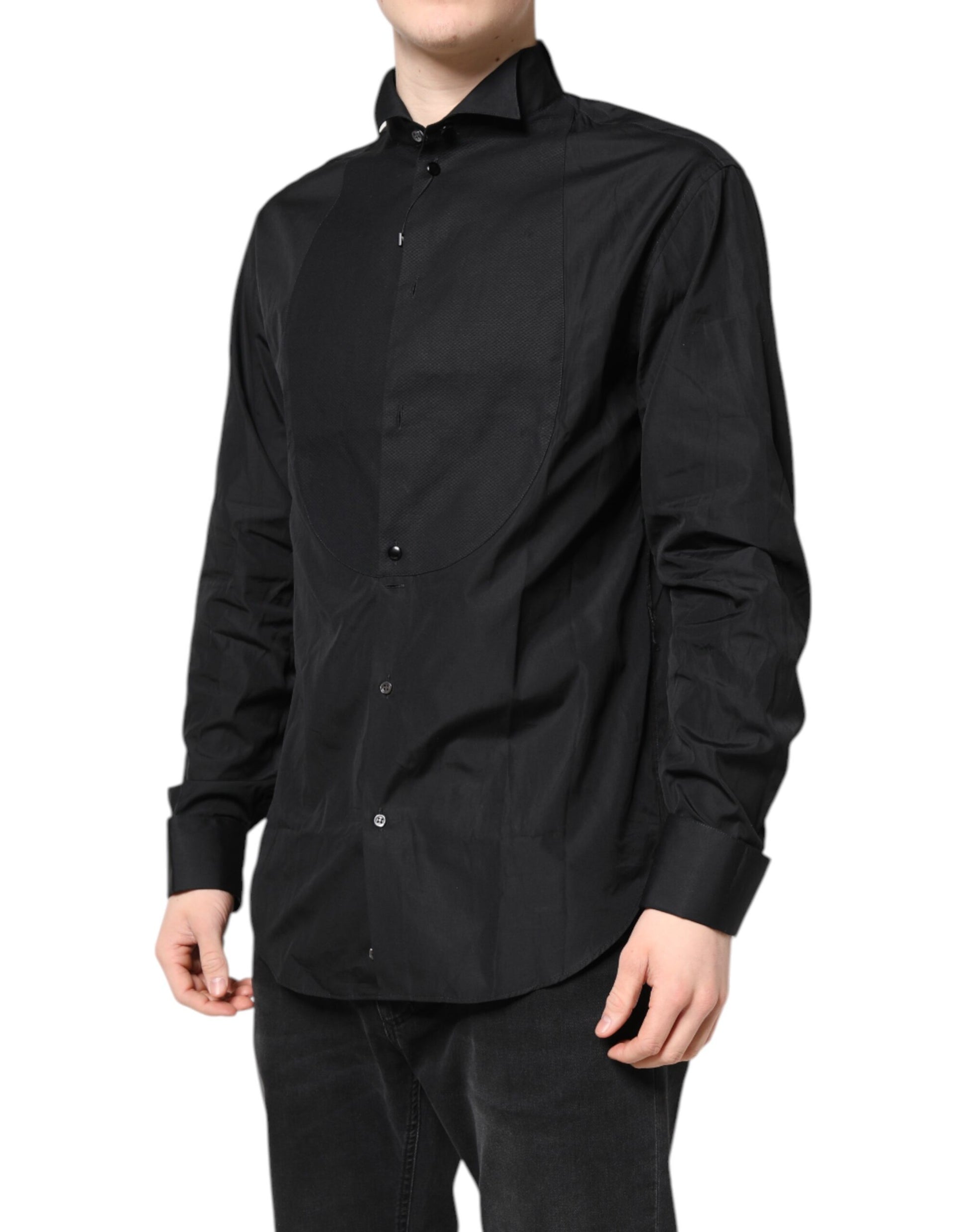 A black cotton long sleeve dress shirt from the brand Emporio Armani. It is designed as a formal wear item, f