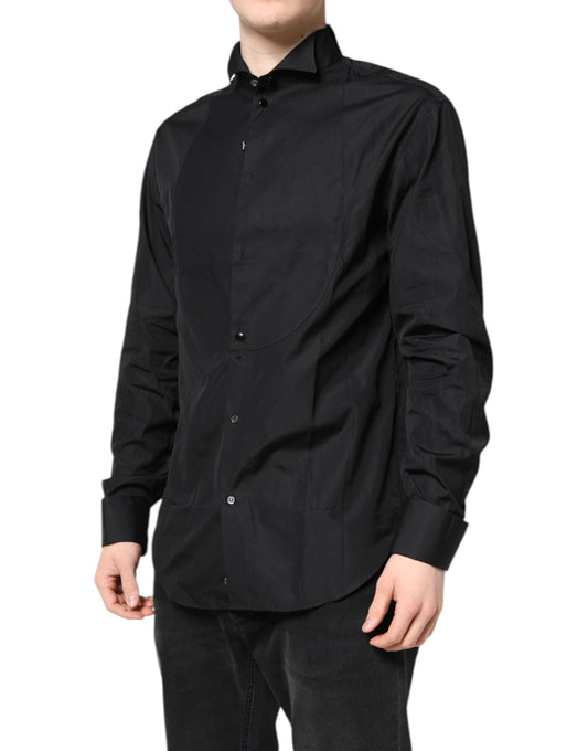 A black cotton long sleeve dress shirt from the brand Emporio Armani. It is designed as a formal wear item, f