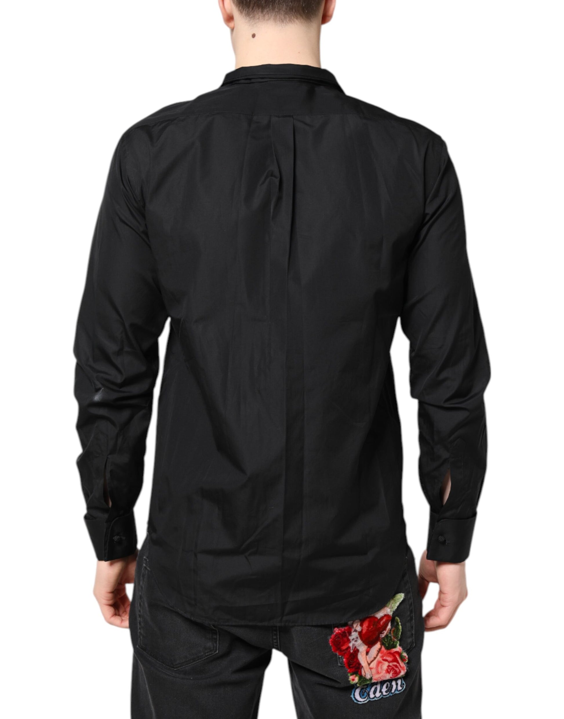 A black cotton long sleeve men's formal dress shirt with a floral embroidery on the back