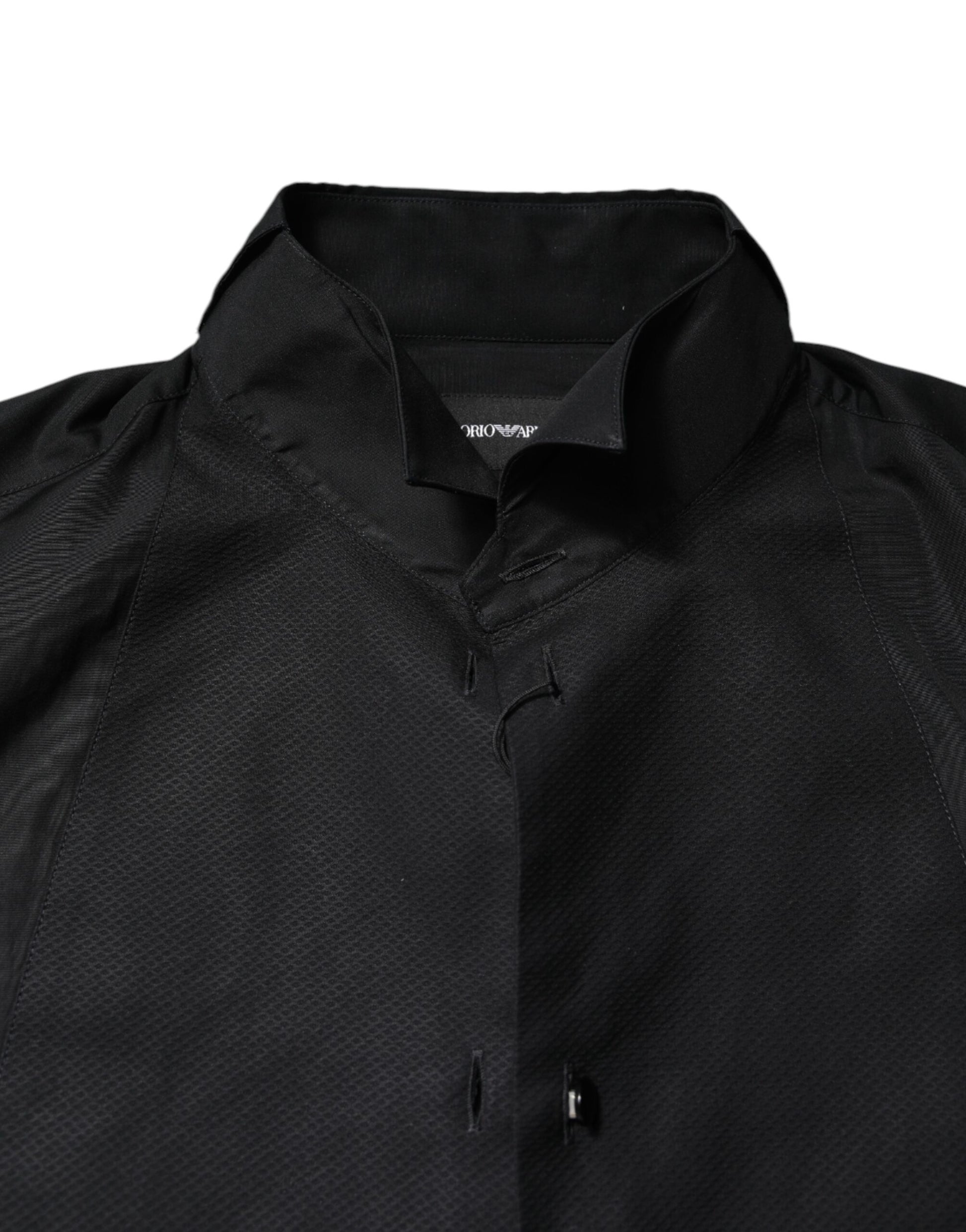 A black cotton long sleeve men's formal dress shirt with a zippered front