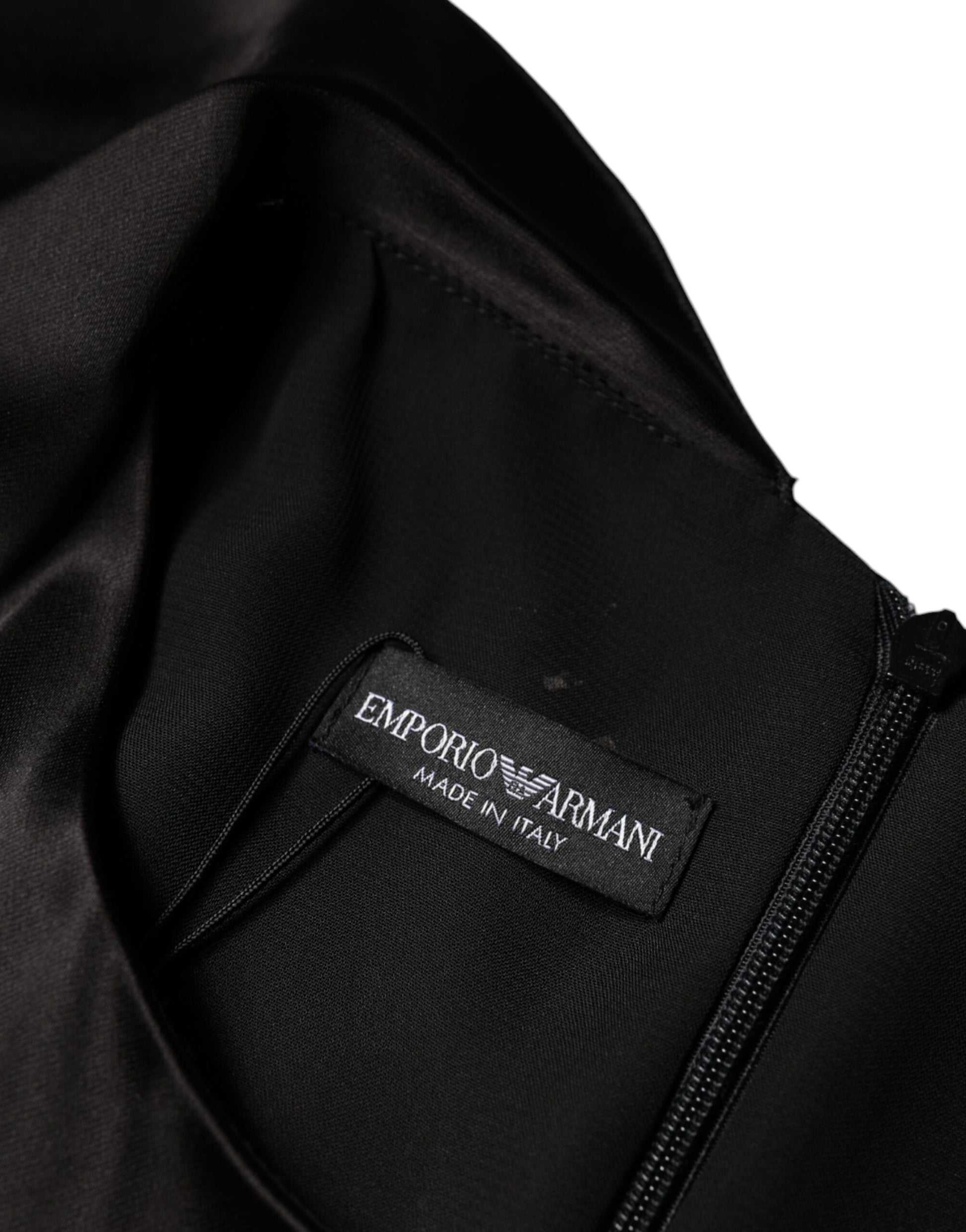A black satin long sleeve wrap sheath mini dress with an Emporio Armani label