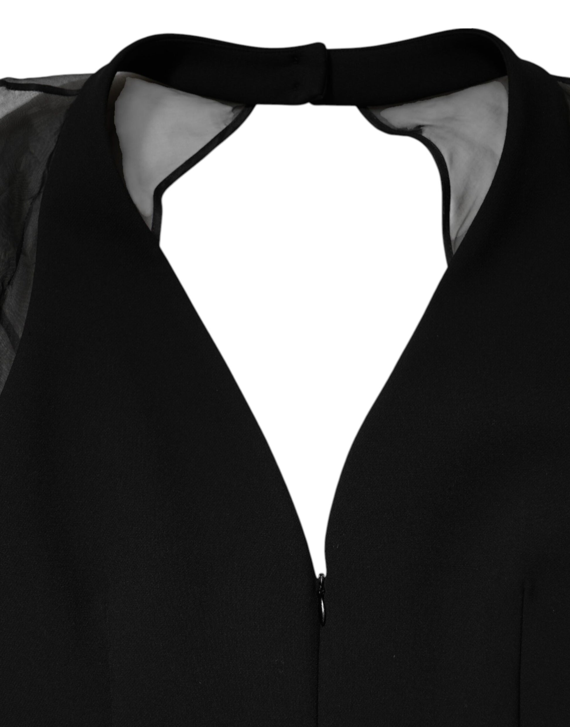 A black sheer sleeve belted mini dress with a V-neck