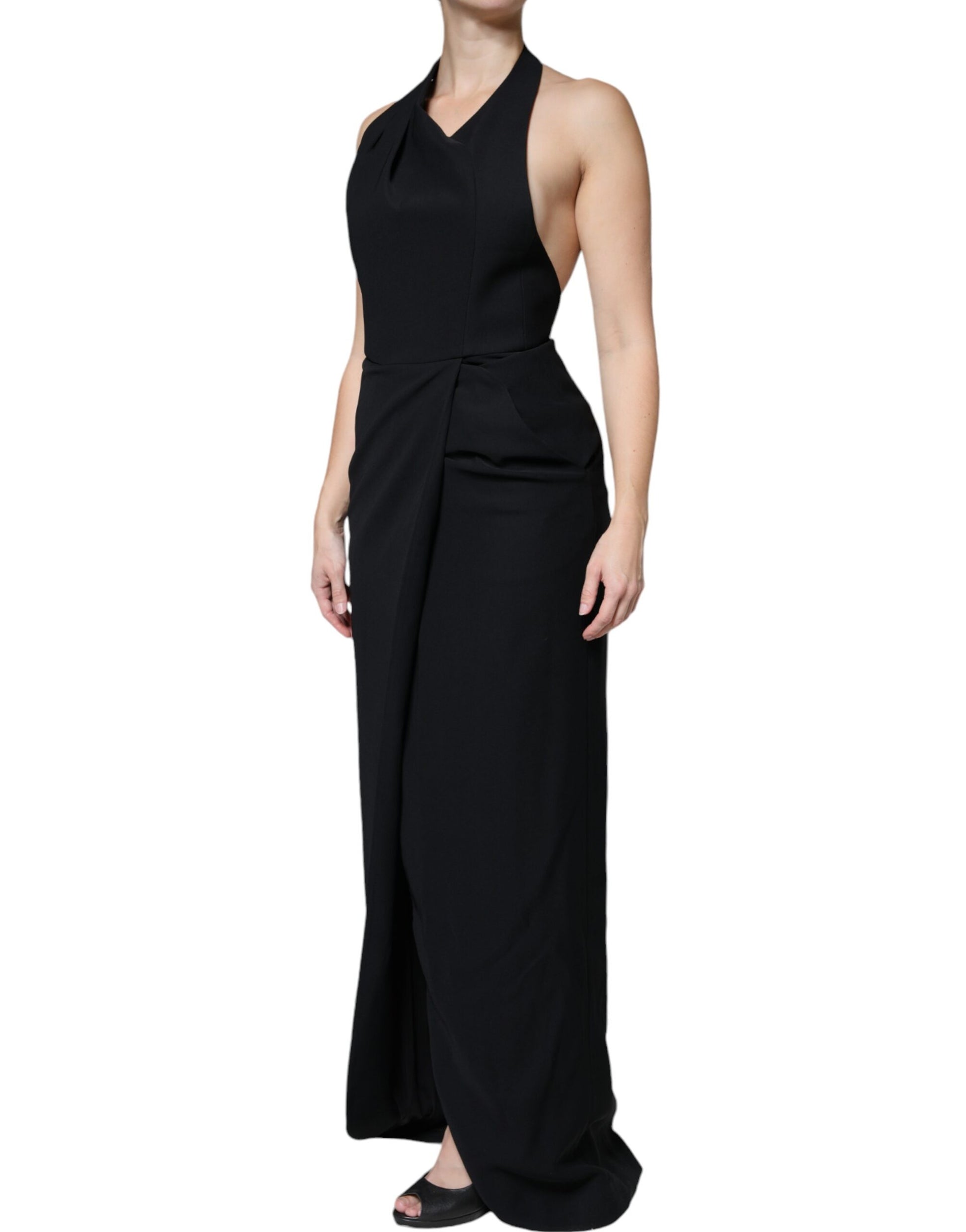 A black sleeveless halter sheath dress with a long gown style