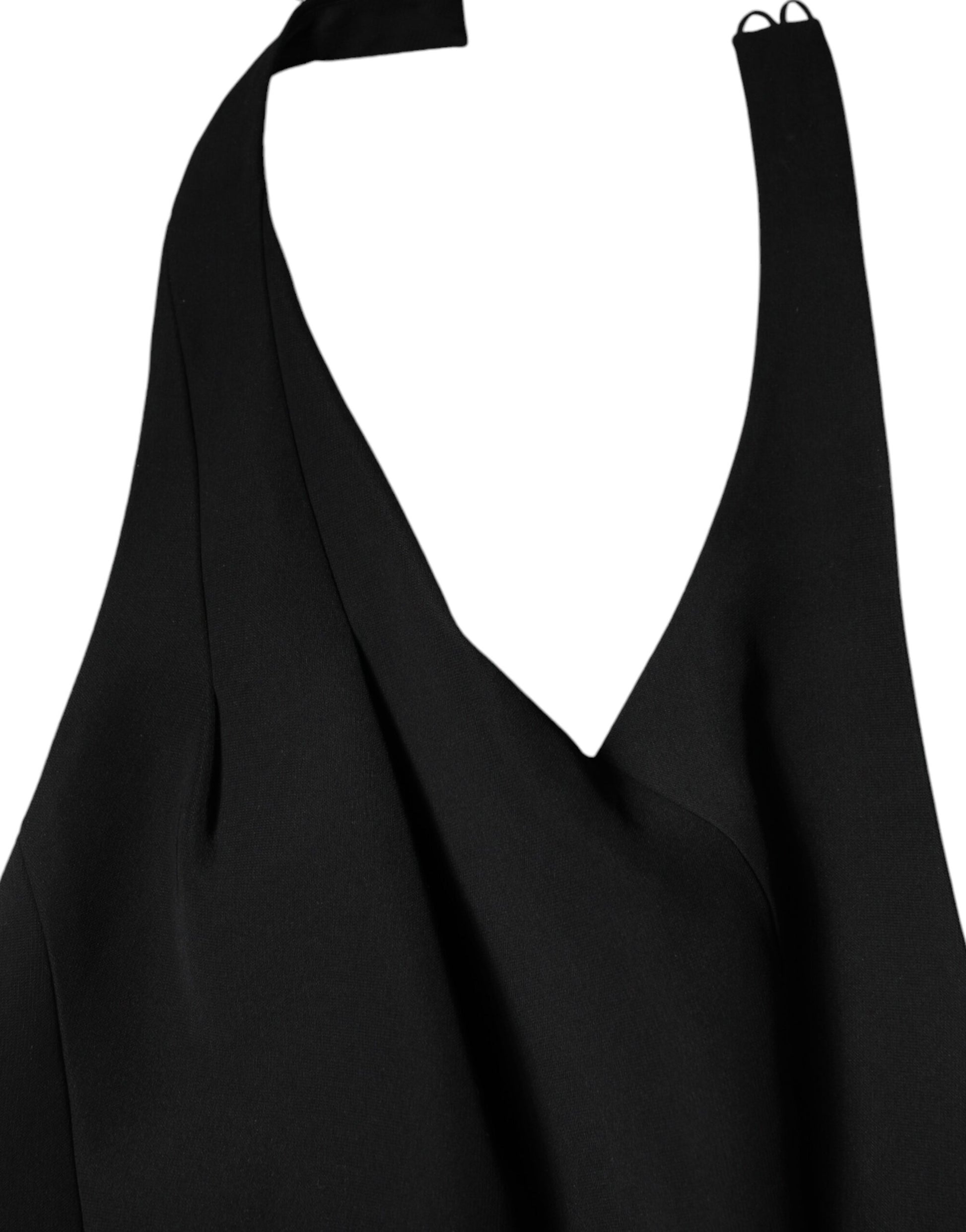 Black sleeveless halter sheath dress with ruched detailing
