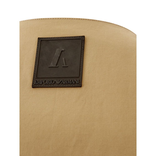 Tan canvas bag with black logo on front