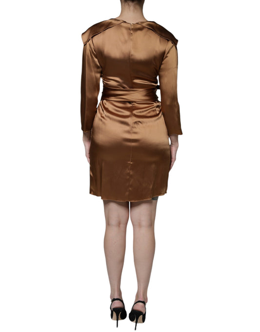 A brown satin long sleeve wrap sheath mini dress