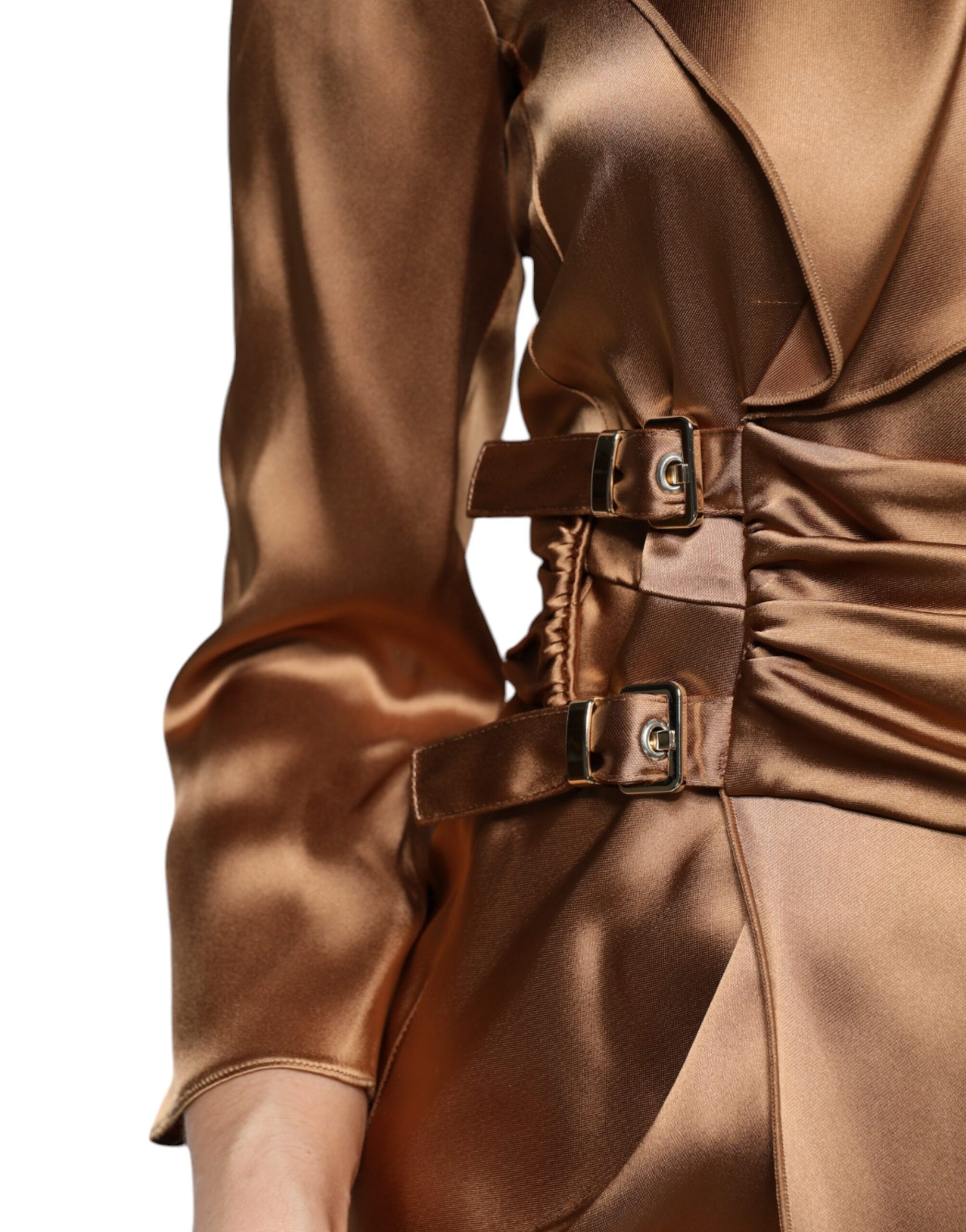 A brown satin long sleeve wrap sheath mini dress with a belted waist