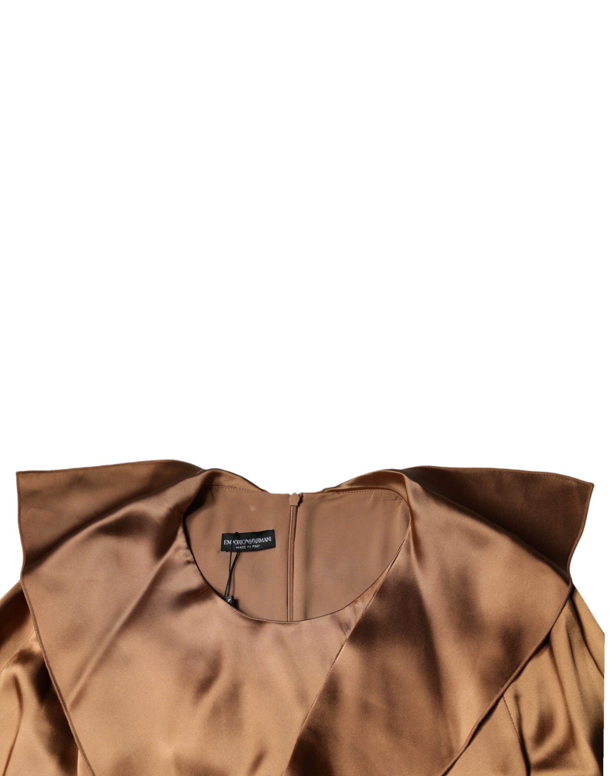 A brown satin long sleeve wrap sheath mini dress from Emporio Armani