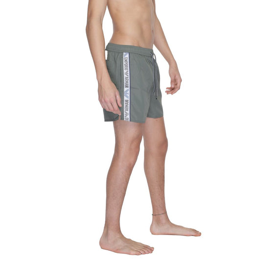 Men's green polyester swim shorts with white logo, from Emporio Armani