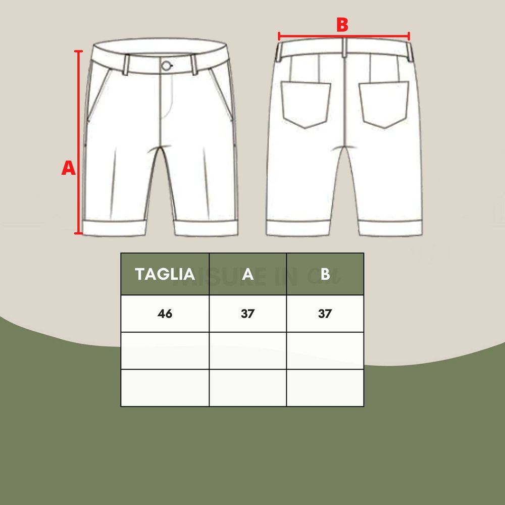 Pair of men's shorts in white, with measurements for waist, hip, and length