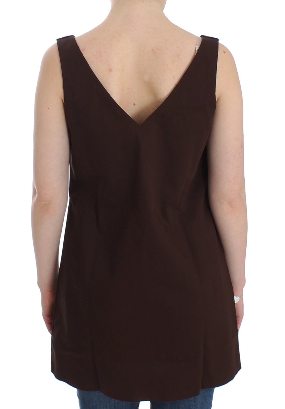 Brown sleeveless dress on woman's back