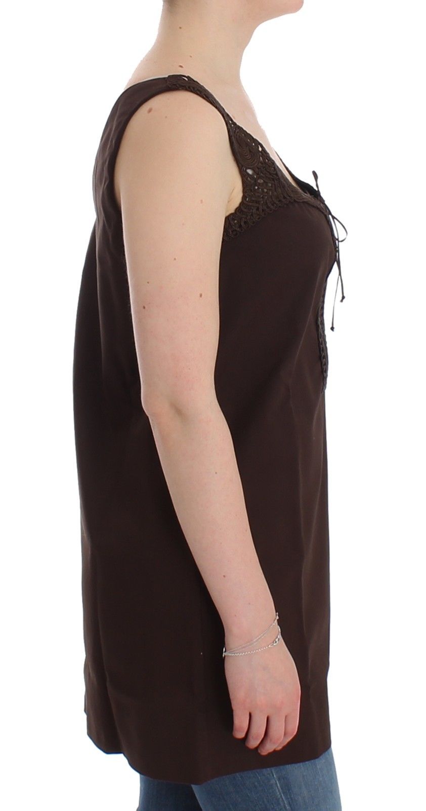 Brown sleeveless dress on woman