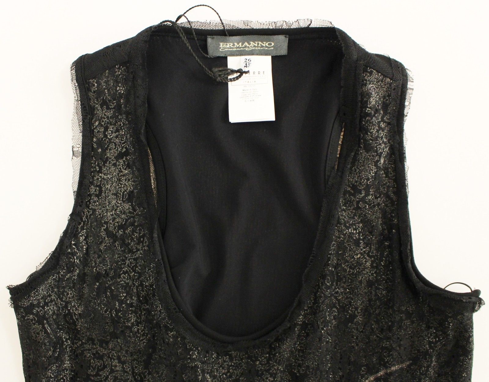 Black sequined tank top with lace trim