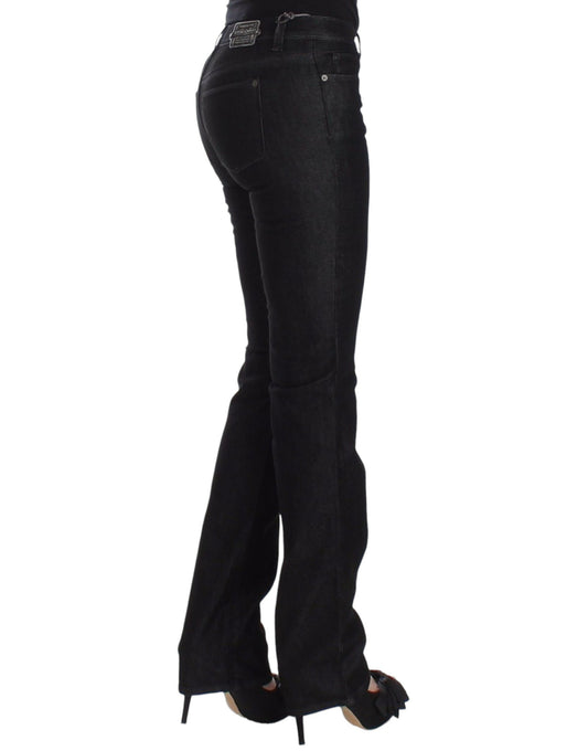 Pair of black flared jeans with high waist and wide legs