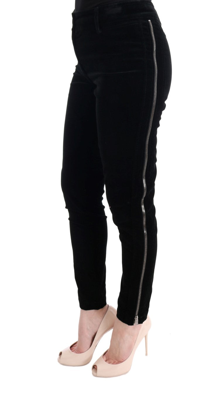 Black velvet skinny jeans with slit on side