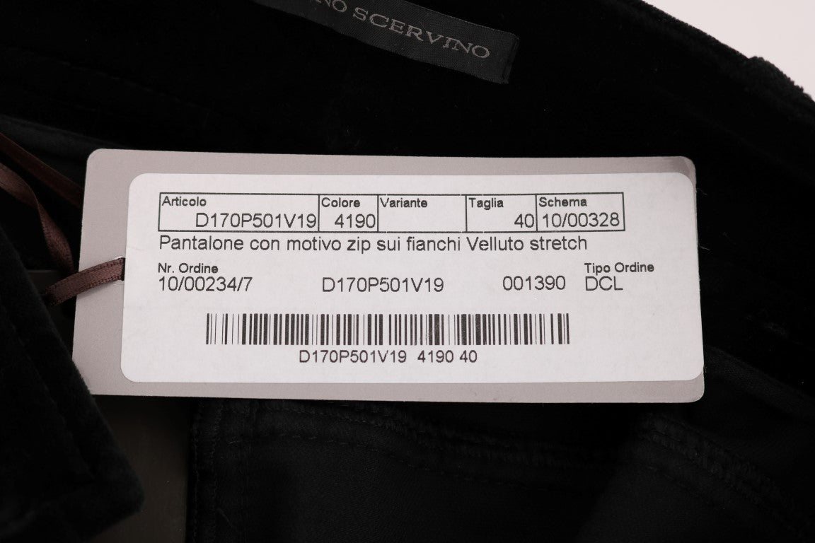 White tag on black fabric with printed text and barcode