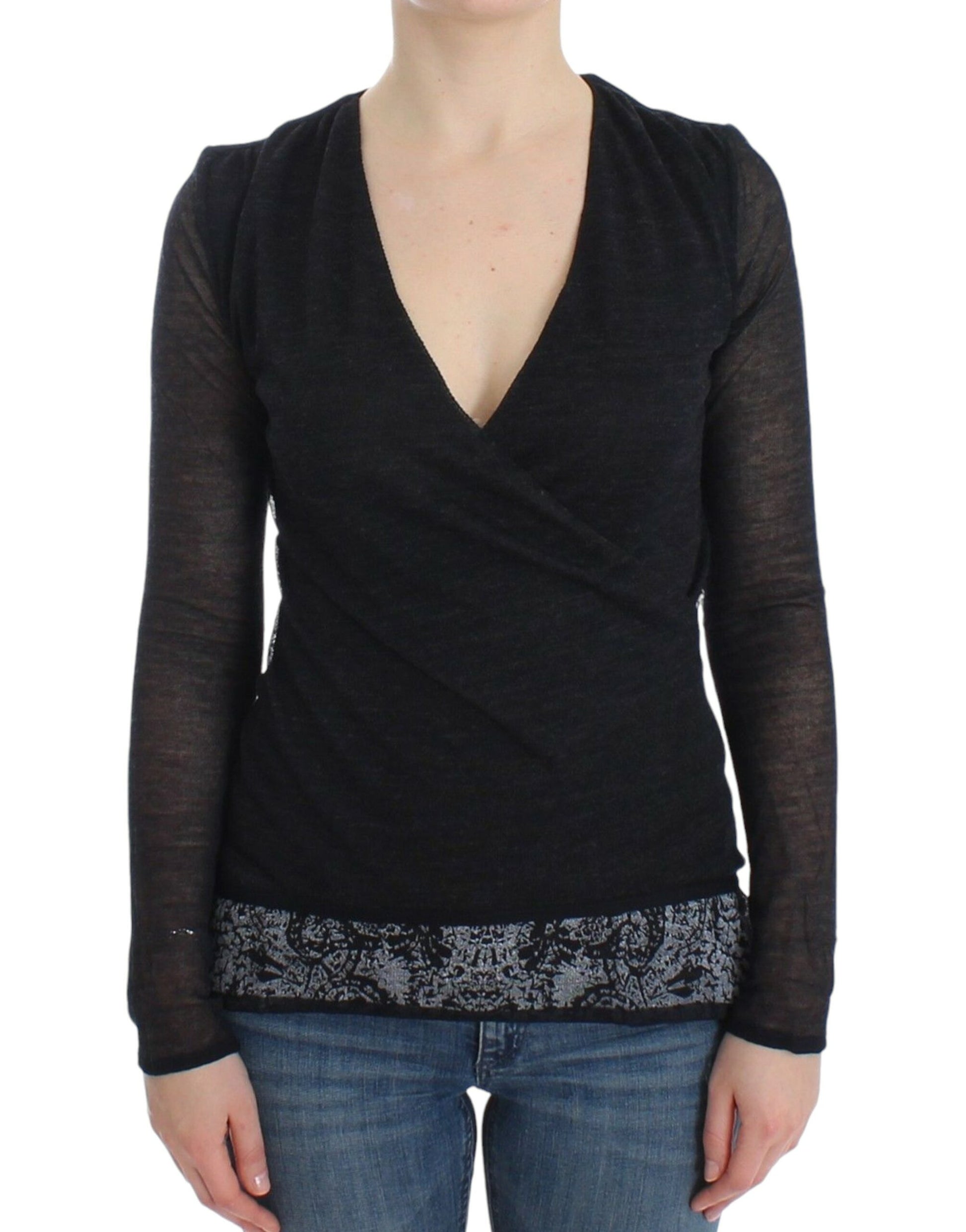 Long sleeve black top with scoop neckline