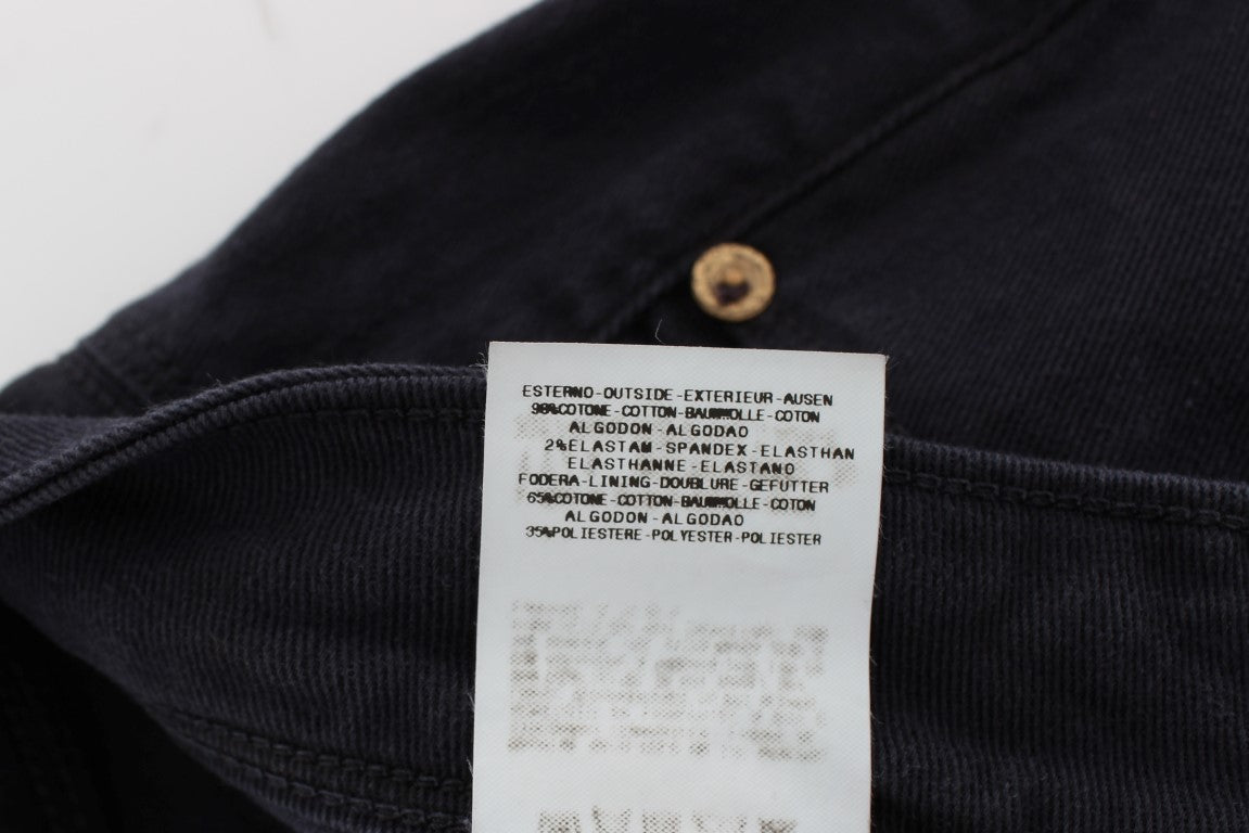 Blue denim jeans with white label on waistband
