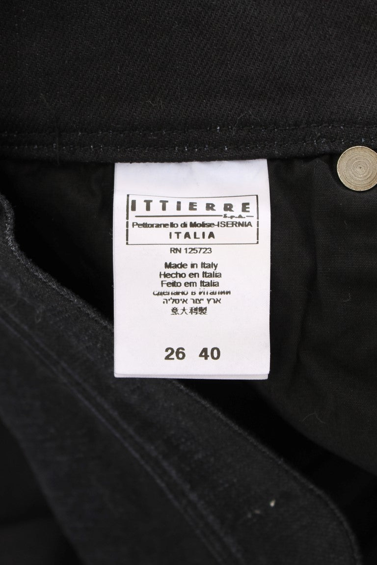 Black denim jeans with white label on waistband