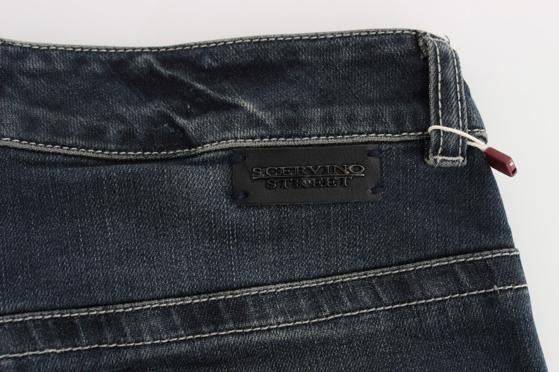 Pair of blue jeans with visible label on waistband