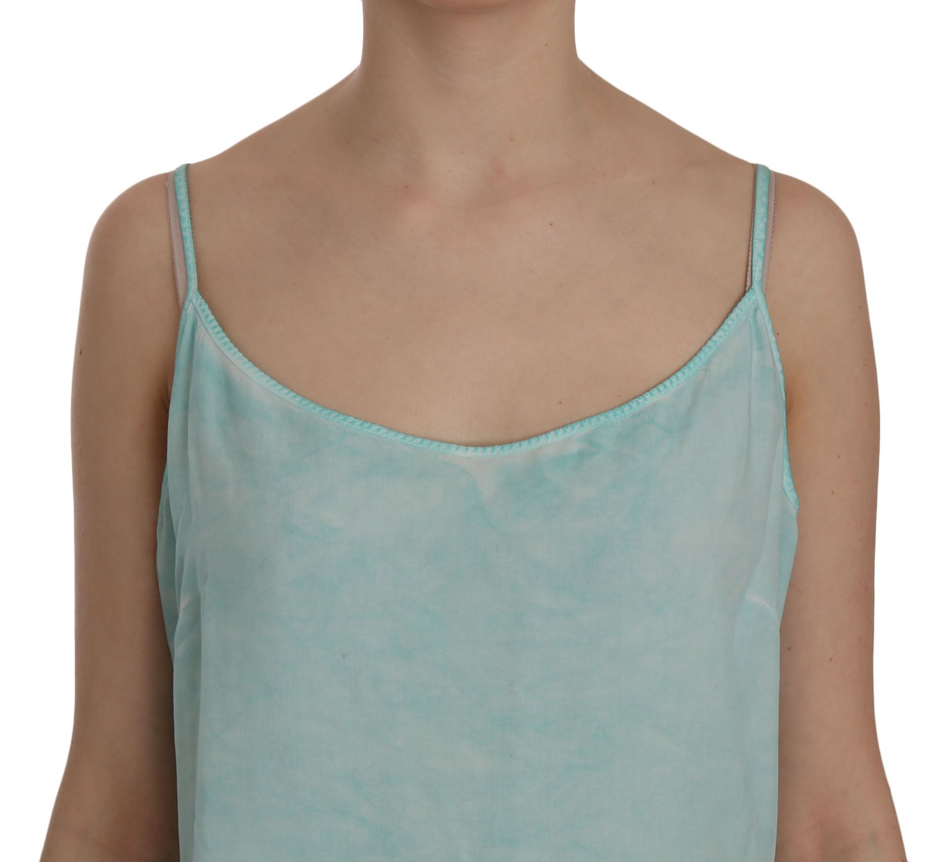 Woman wearing a light blue tie dye tank top