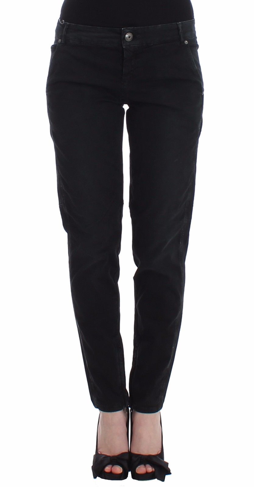 Pair of black skinny jeans with vertical stripes on legs