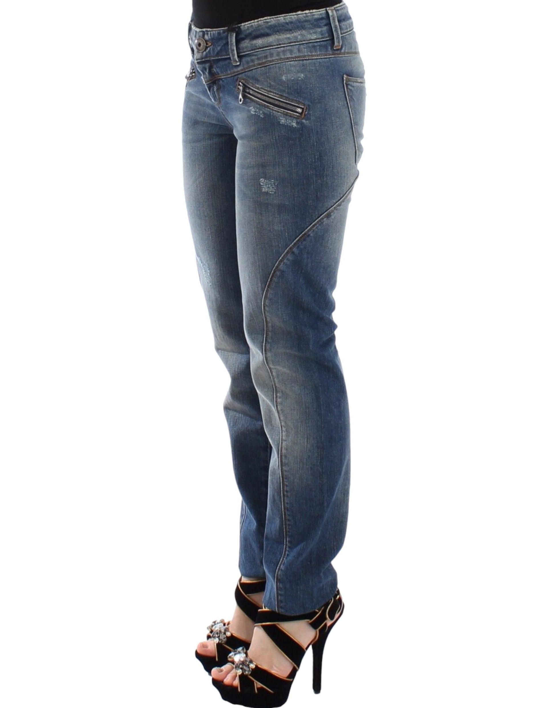 Woman wearing blue jeans and high heels