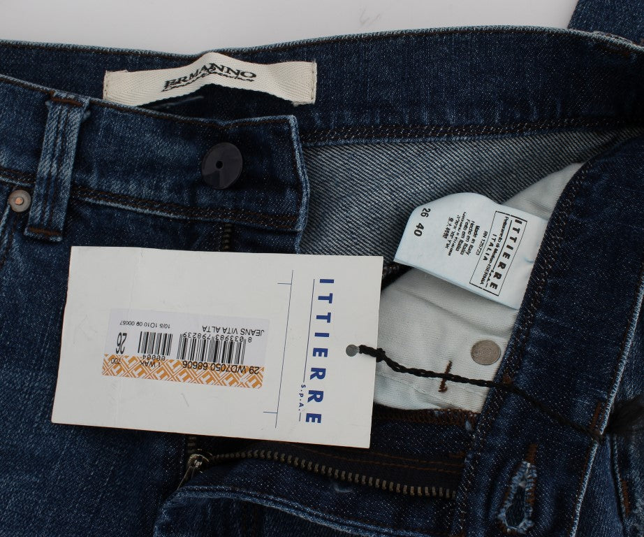 Pair of blue jeans with tag inside waistband