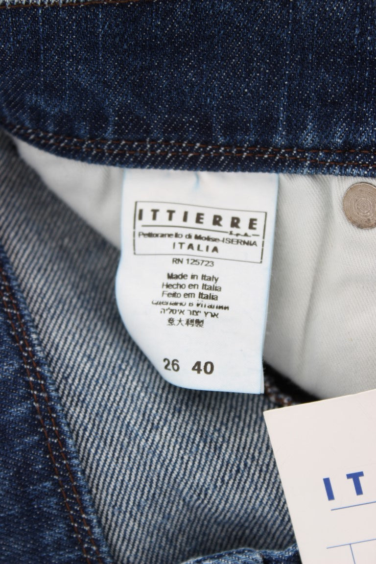 Blue denim jeans with white label inside waistband
